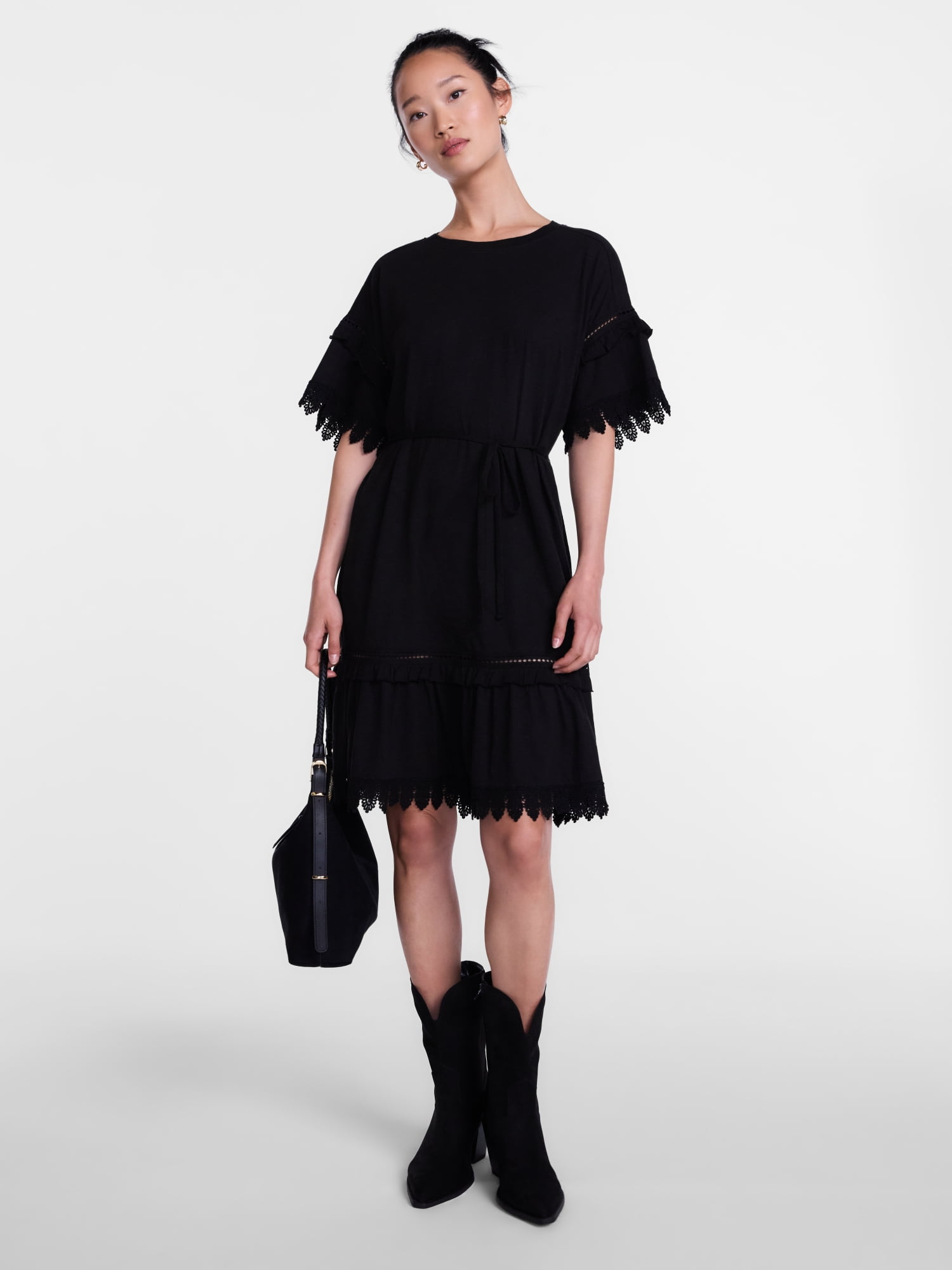 Scenario Women's Lace Trim Knit Dress with Short Sleeves, Sizes XS-XXXL