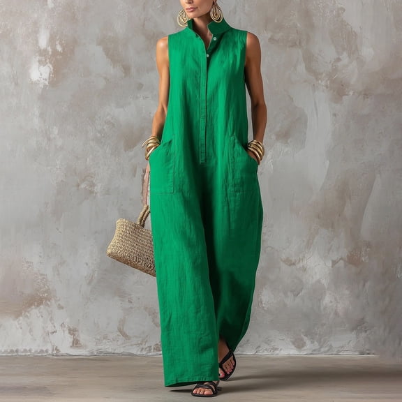 Jumpsuits For Women Summer Sleeveless Wide Leg Capri Linen Button Up Jumpsuit Casual Loose Overalls 2026 Green L