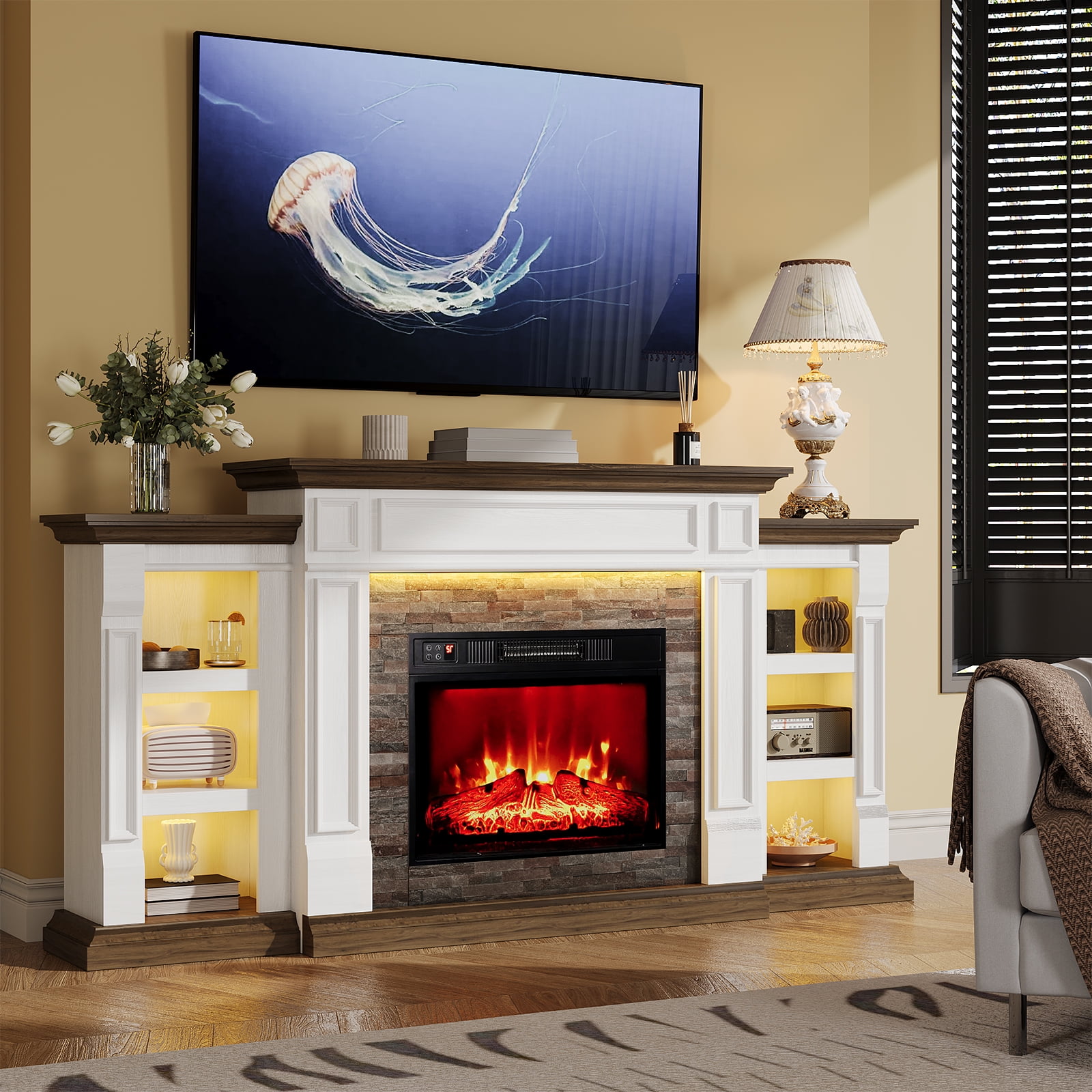 LGHM 71" Electric Fireplace TV Stand with Mantel, Farmhouse Entertainment Center for TVs up to 80" with  LED Light, White & Brown