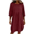 thumbnail image 2 of FEIIBMOYRIA Women Round Neck Dresses Women's Cotton-Linen Blend Long Sleeve Midi Dresses Gathered 3/4 Sleeves High Waist Loose Comfy A‑Line Daily Outwear Dresses, 2 of 6