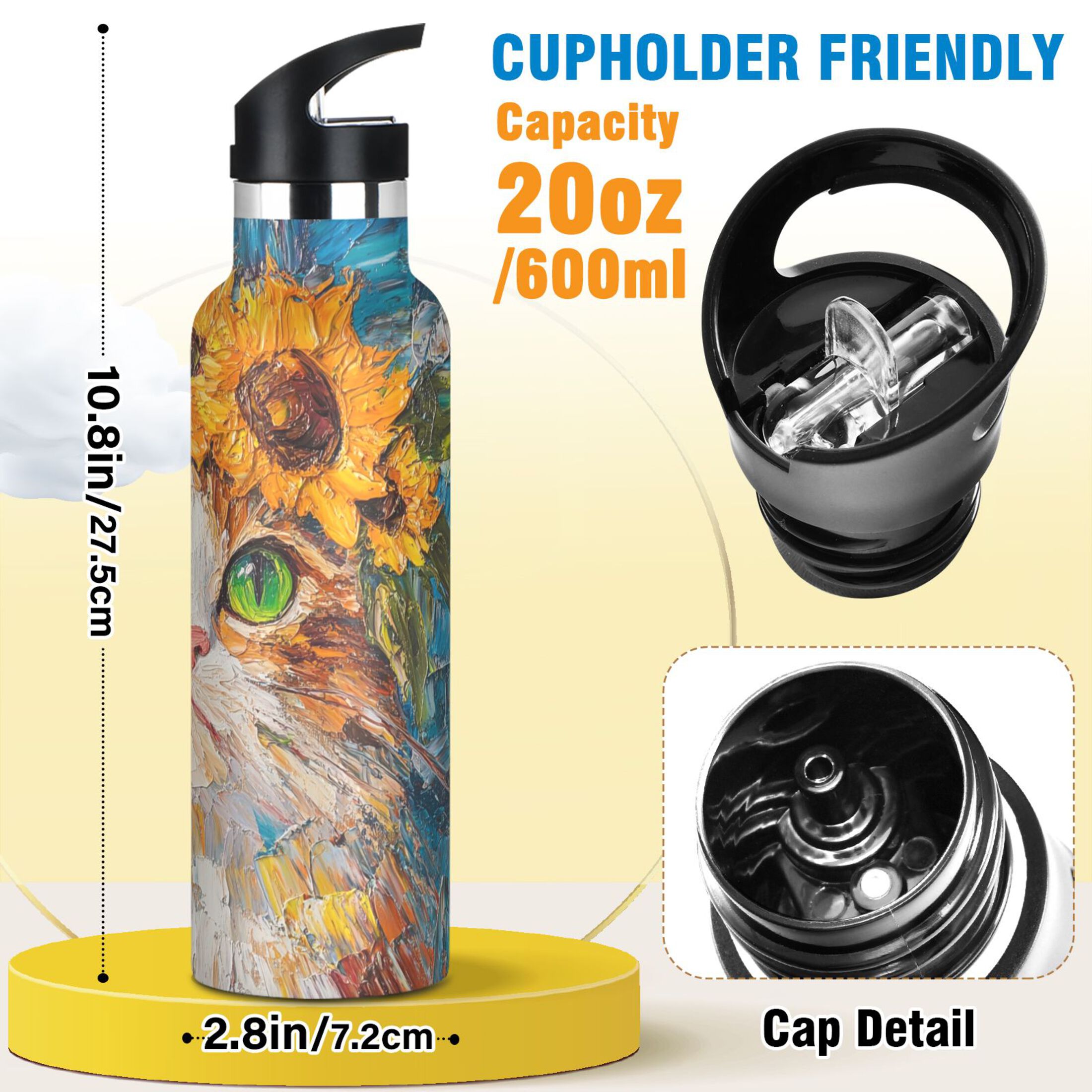 600ML Stainless Steel Insulated Cup Sports Water Bottle Portable Thermos Cup Water Glasses Insulated Tumblers Convenient and Durable Cartoon Sunflower Cat