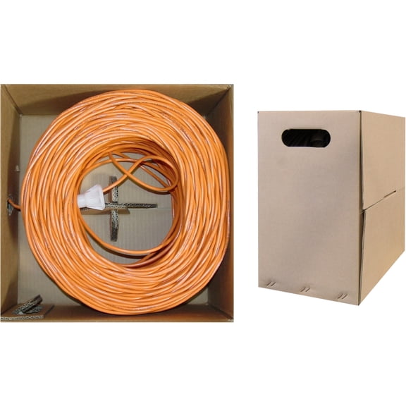 1000 Foot Bulk Cat6 Ethernet Cable, 23 AWG, 350 Mhz, ETL Listed 4 Pair Solid Copper, Unshielded Twisted Pair(UTP) with Pull Box, Orange, CableWholesale