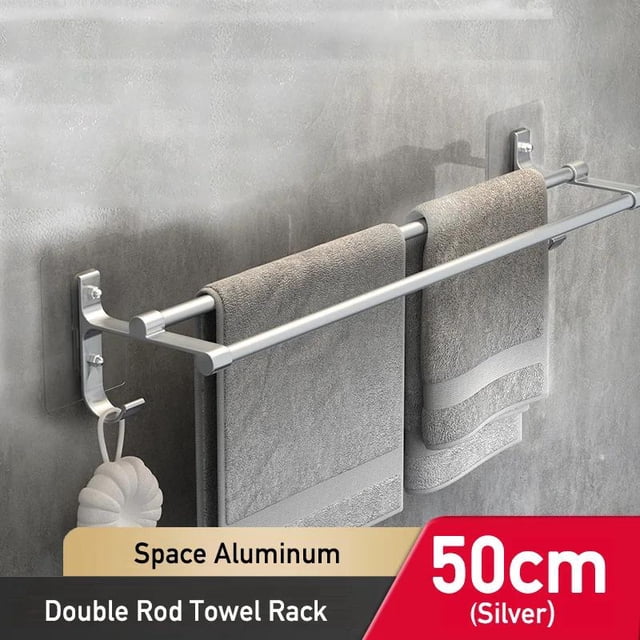 Toallero de mano para baño, soporte para toallas, soporte de pared sin taladro, barra de toalla de 40/50cm, barra doble de aluminio de 2 niveles