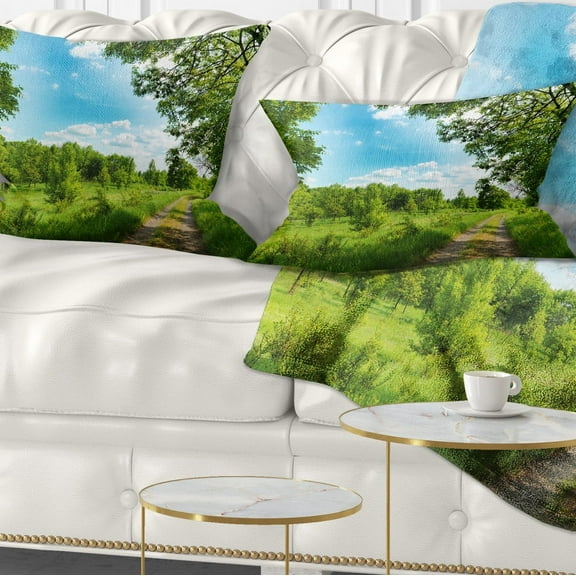 Designart Green Forest Road and Blue Sky - Modern Landscape Printed Throw Pillow - 12x20