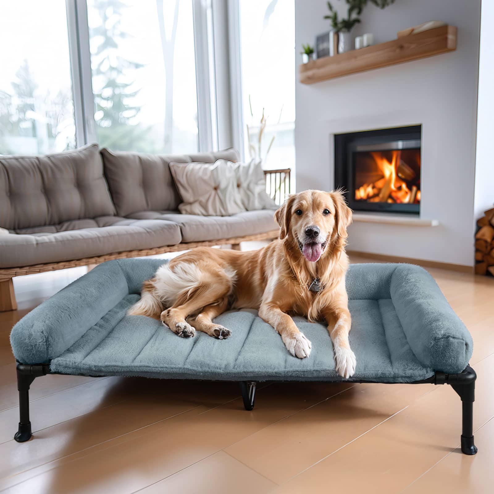 Veehoo Cooling Elevated Dog Bed with Fluffy Plush Bolster Cushion, 49 x 33 inches, XLarge, Haze Blue