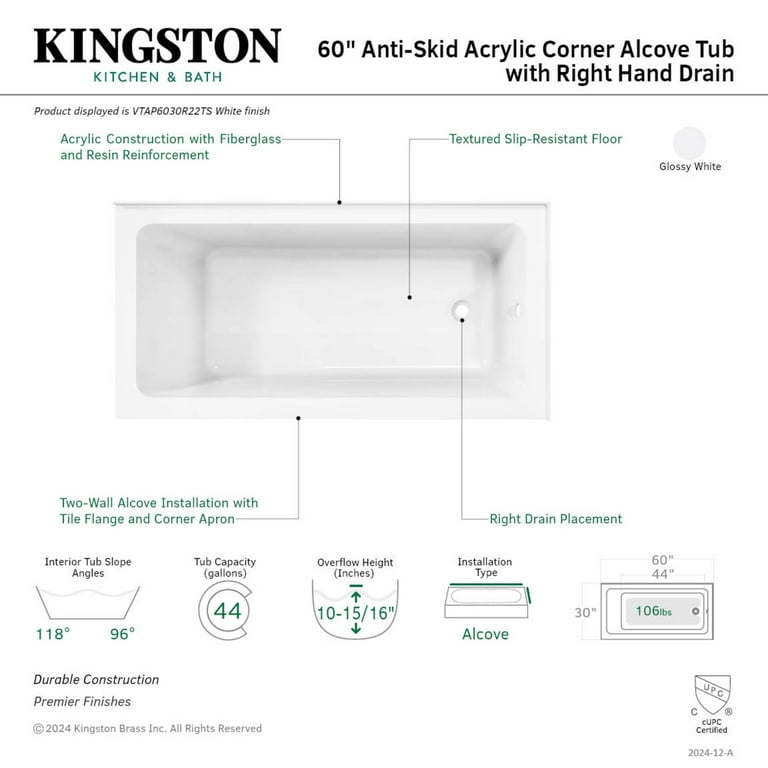 Aqua Eden VTAP6030R22TS 60-Inch Acrylic Rectangular 2-Wall Corner