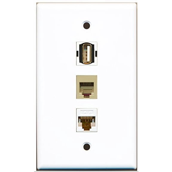 RiteAV - 1 Port USB A-A and 1 Port Phone RJ11 RJ12 Beige and 1 Port Cat6 Ethernet White Wall Plate
