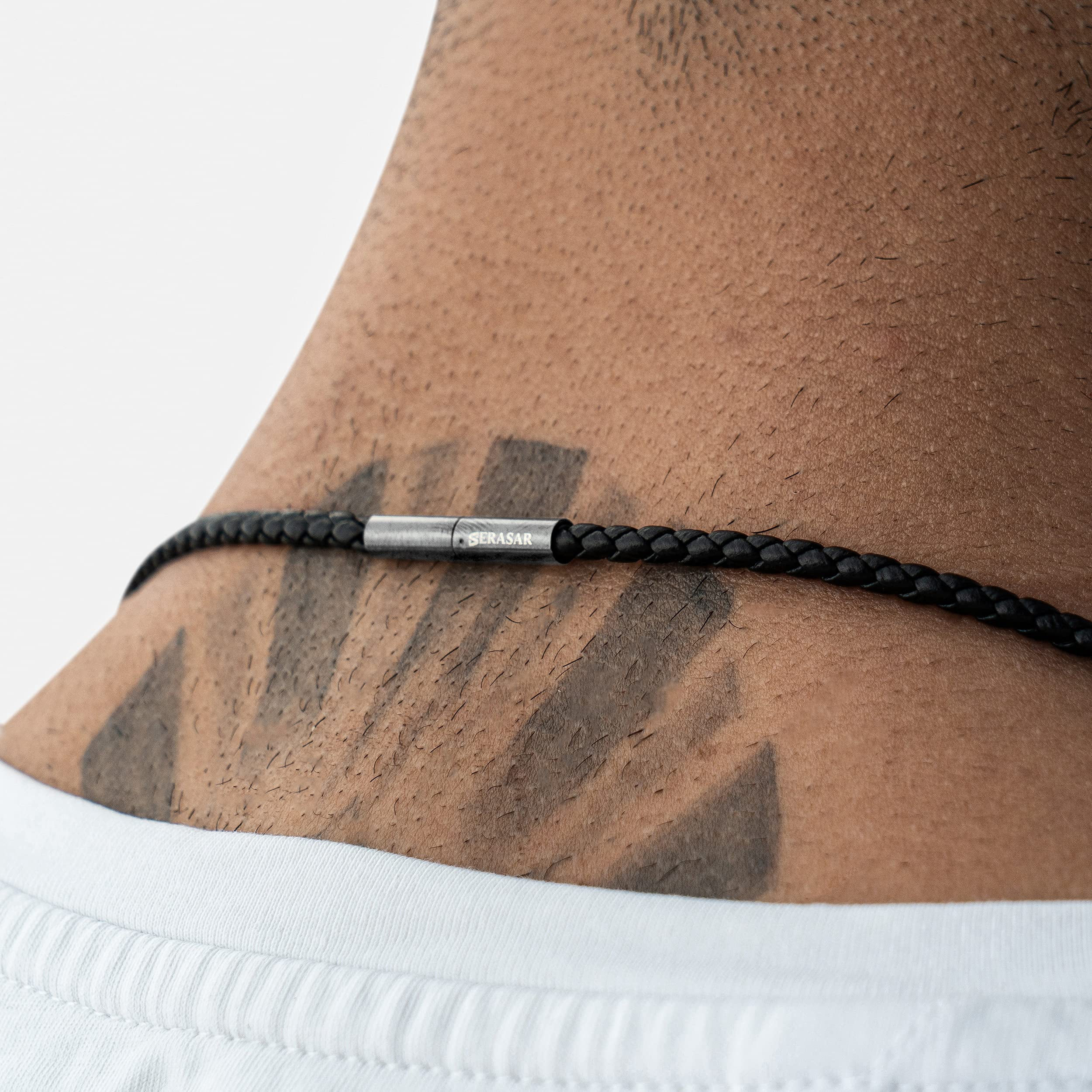 SERASAR Leather Necklace for Men "Anchor" with Stainless steel Pendant and Magnetic Closure, Silver 60cm, incliding Gift box