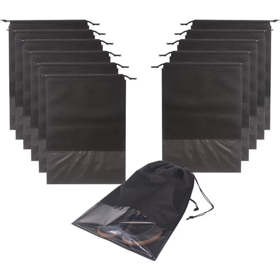 14 Pack Black Non-Woven Shoe Bags, 17.3"x12.6" Drawstring Storage Pouches with Clear Window for Travel & Closet Organization
