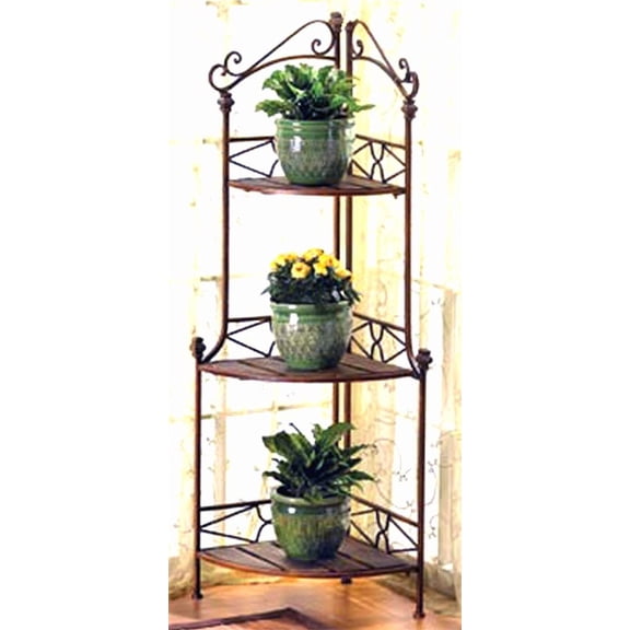 Designer * RUSTIC CORNER METAL PINE WOOD BAKER'S RACK SHELF, PLANT STAND ** NIB