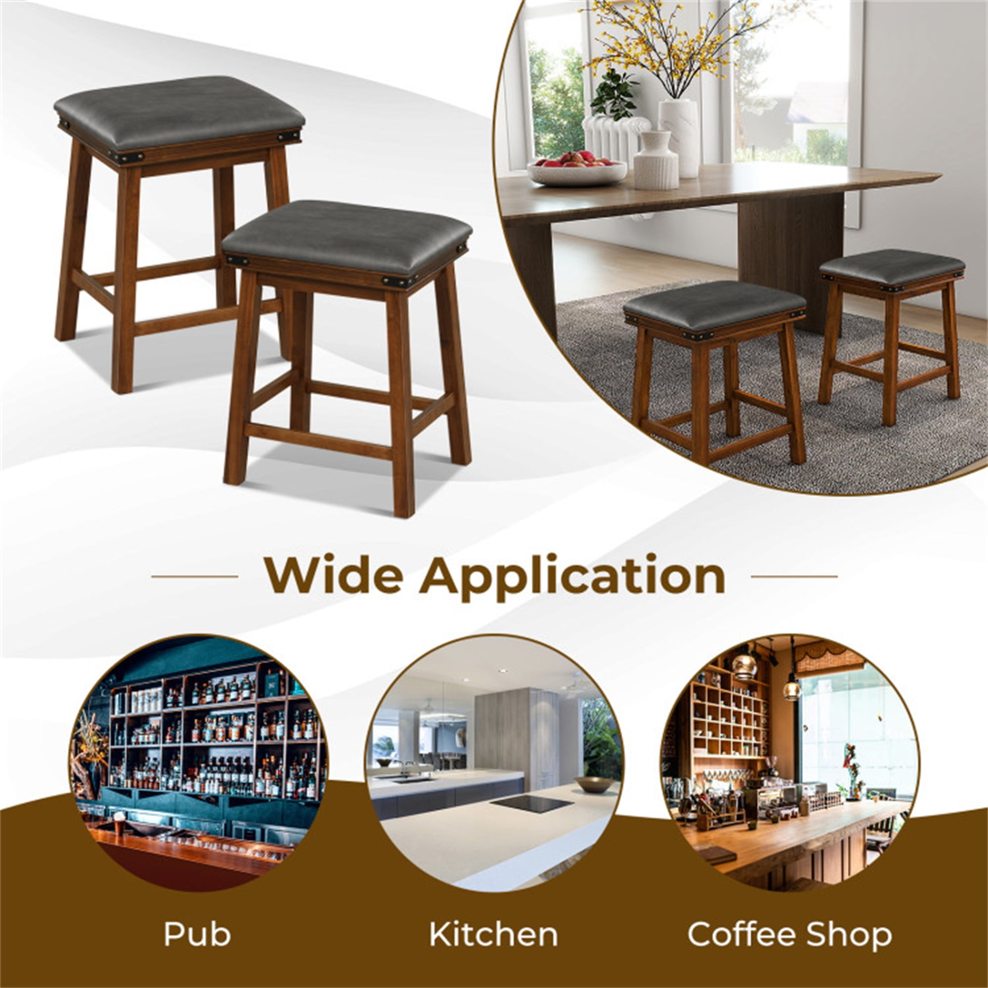 Demi Bonn 24" Set of 2 Rubber Wood Bar Stool, Modern Kitchen Dining Chair, Brown