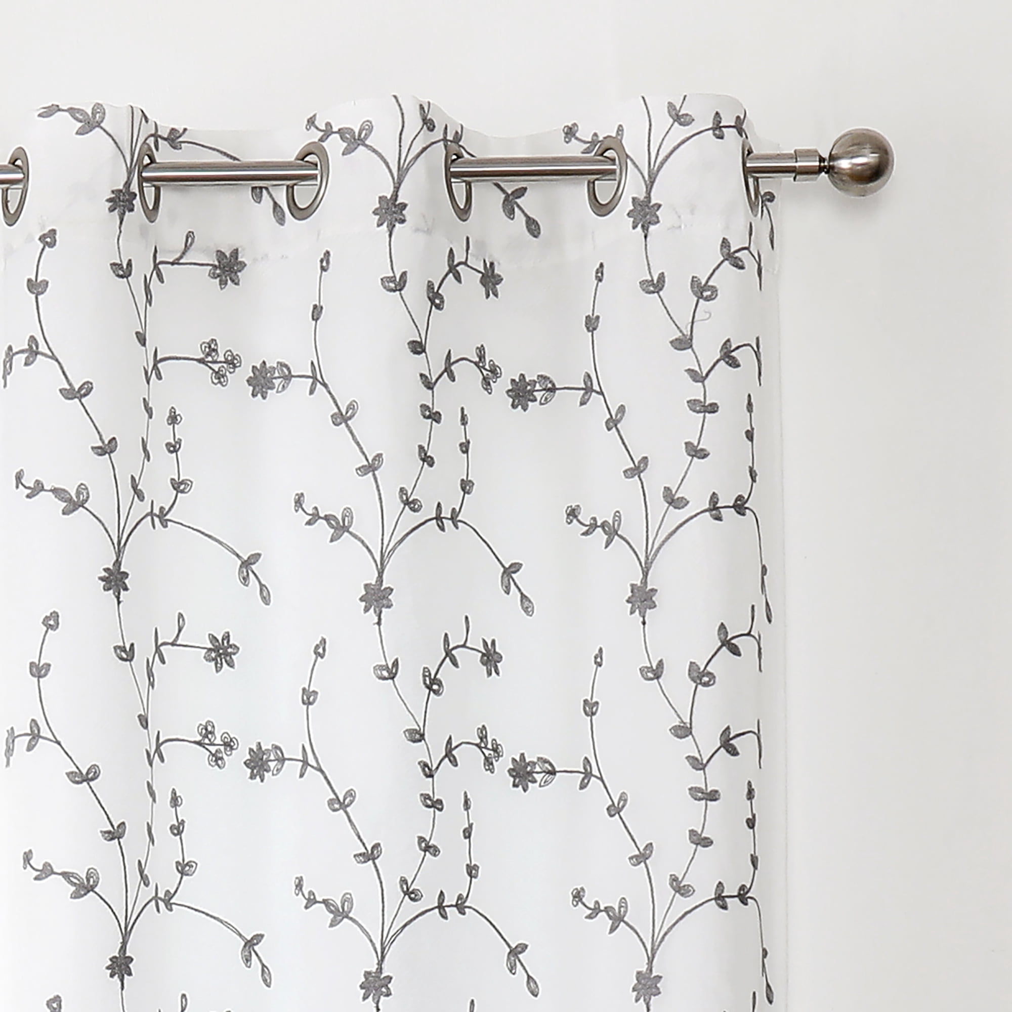 Pinewave Double Layers Sheer Curtains for Living Room White -Grey Embroidery Flowers,Grommet Top Drapes 38"Wx54"L,2Pcs