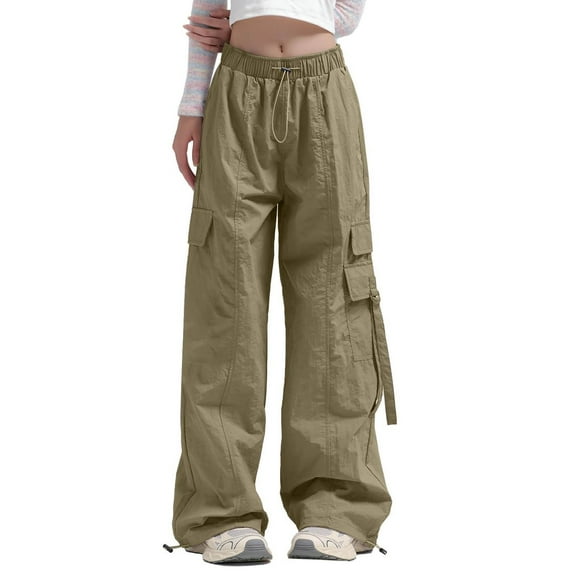 Women Pants Wide Leg Cargo Pants with Side Pocket Mid Waisted Baggy Stretchy Drawstring Trousers Streetwear Straight Leg Sweatpants for Women Army Green S