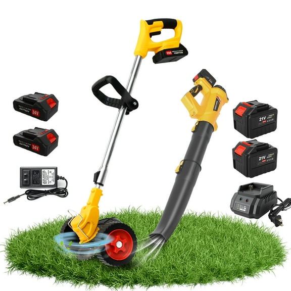 24V Electric Weed Eater Grass Cutter and Leaf Blower Combo Kit, 3 in 1 Battery Powered Weed Trimmer with Wheels, 2*6.0Ah Leaf Blower Cordless for Yard Garden