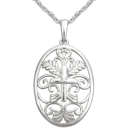 Precious Moments Sterling Silver Cross with Scrollwork Medallion Pendant with Chain, 18