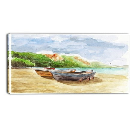 Art On Wrapped Canvas - DESIGN ART Designart - Watercolor Fishing Boats - Landscape Canvas Print - Blue
