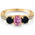 thumbnail image 3 of Gem Stone King 18K Yellow Gold Plated Silver 3-Stone Ring Oval Pink Moissanite and Onyx Black (1.97 Cttw, Size 6), 3 of 6