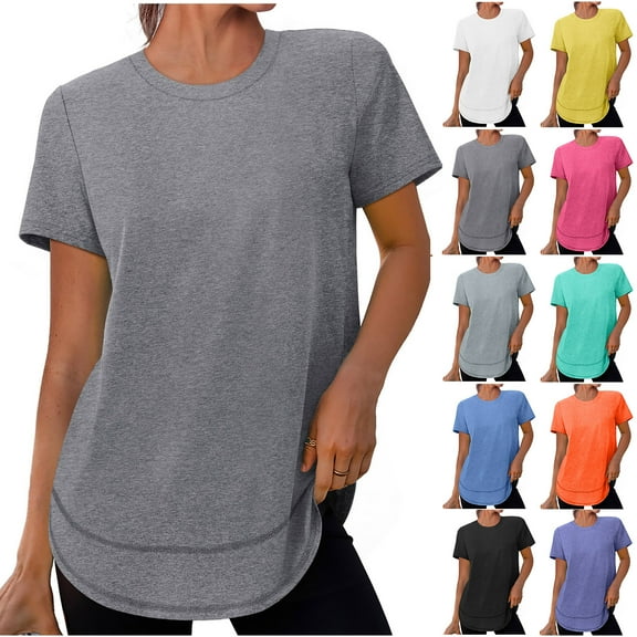 HAOTAGS Women's Sunscreen Sport T-shirts Solid Color Casual Short Sleeved Round Neck Tops Gray Size M