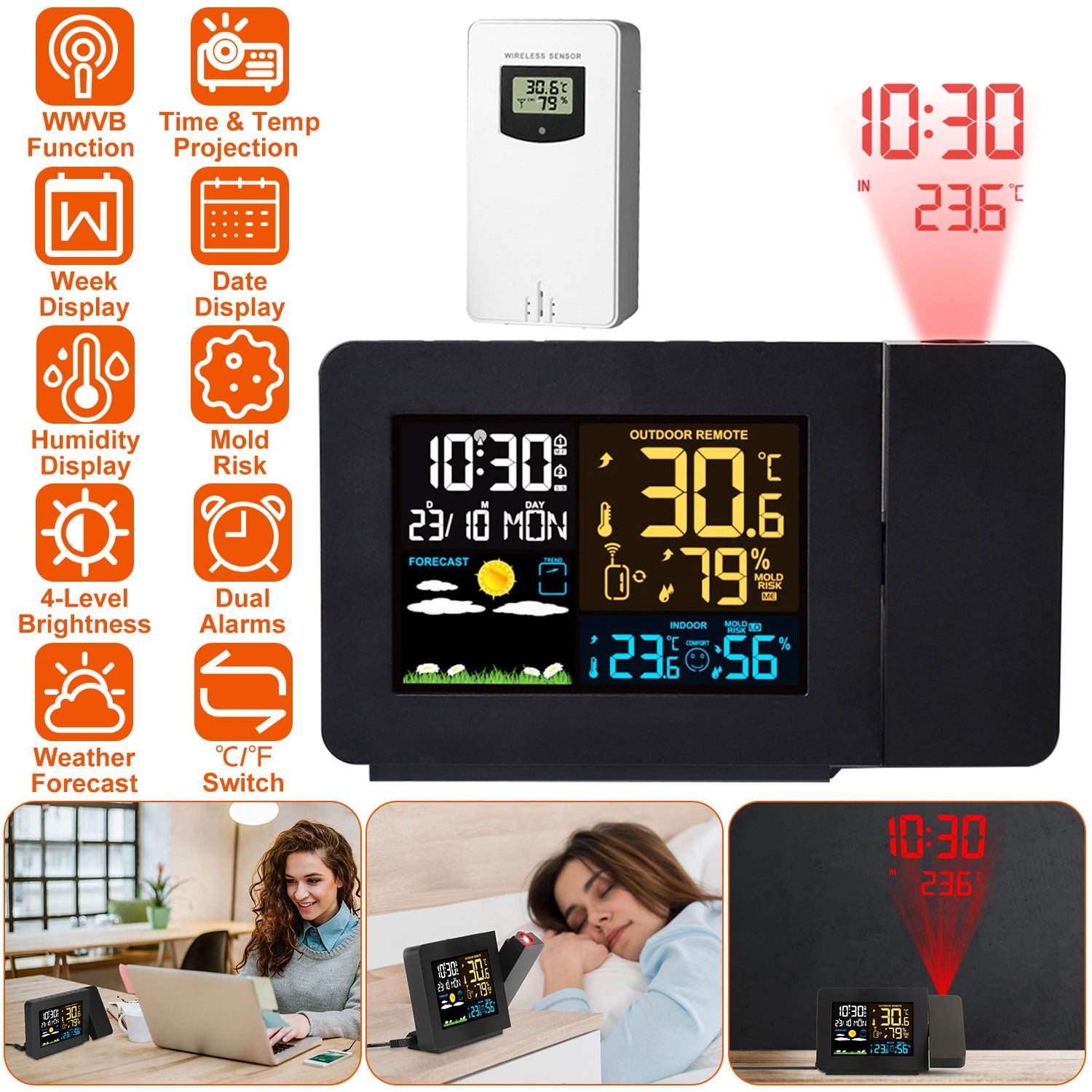 Moclever Multi-functional Projection Alarm Clock Atomic Projection Alarm Clock Electronic Digital Clock Radio Control Clock