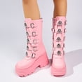 thumbnail image 3 of SACFOF Women's Pink Platform Boots Wedge Combat Gothic Chunky Heel Mid Calf Punk Motorcycle Shoes, 3 of 6