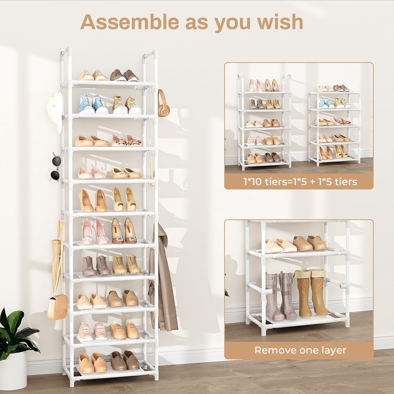 10 Tiers Tall Shoe Rack Holds 20-25 Pairs of Shoes Sturdy Vertical Shoe Organizer with 18pcs Hooks Stackable Narrow Shoe Rack for Closet, Entryway White