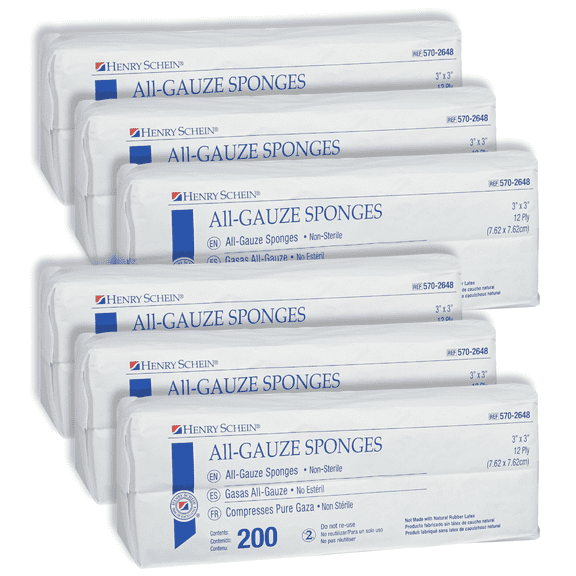 Henry Schein 100% Cotton Woven All-Gauze Sponge 3x3" 12 Ply Non-Sterile Square for Wound Dressing Gauze Sponge-Pads for Wound Care & Home First Aid Kits, Pack of 6