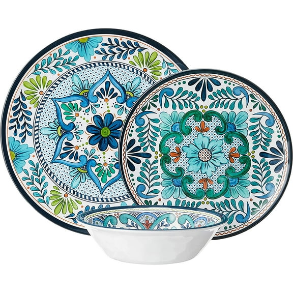 Talavera Melamine 12-Piece Dinnerware Set – Multicolored Plates and Bowls for 4, Spanish Tile-Inspired, , Lightweight, Shatterproof, Dishwasher Safe, Indoor Outdoor Tableware