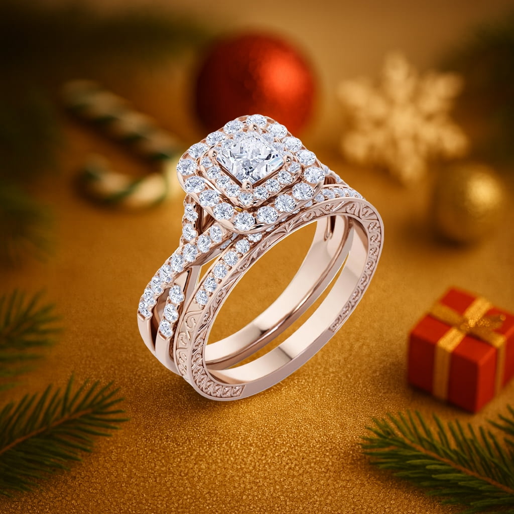 Moissanite 1.25ct Square Double Halo Wedding Set – Silver Finish