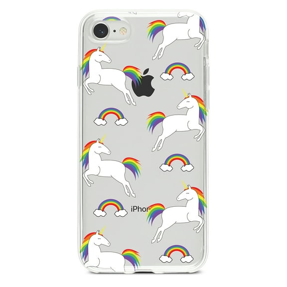 DistinctInk Clear Shockproof Hybrid Case for iPhone 7 8 SE (2020 Model) 4.7" Screen TPU Bumper Acrylic Back Tempered Glass Screen Protector - Rainbows & Unicorns