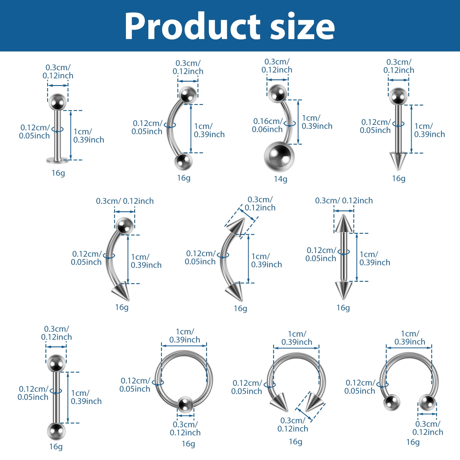 Hvxrjkn 79pcs Piercing Jewelry Kit Pro Piercing Kit 316L Stainless Steel Body Septum Piercing Kit 16G Belly Ring Tongue Tragus Nipple Nose Eyebrow Piercing Tools Piercing Needles Clamps