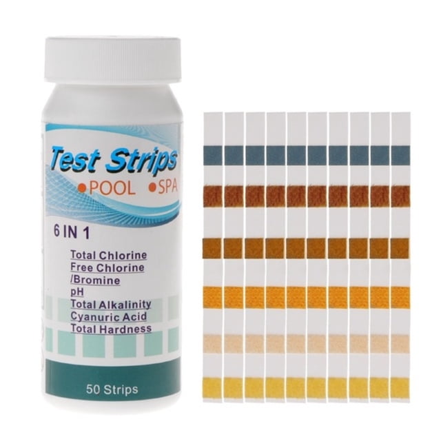 Kit 6 en 1 para medir cloro total, cloro libre, bromo, alcalinidad, ácido cianúrico y dureza. Tiras reactivas para agua de piscina y spa