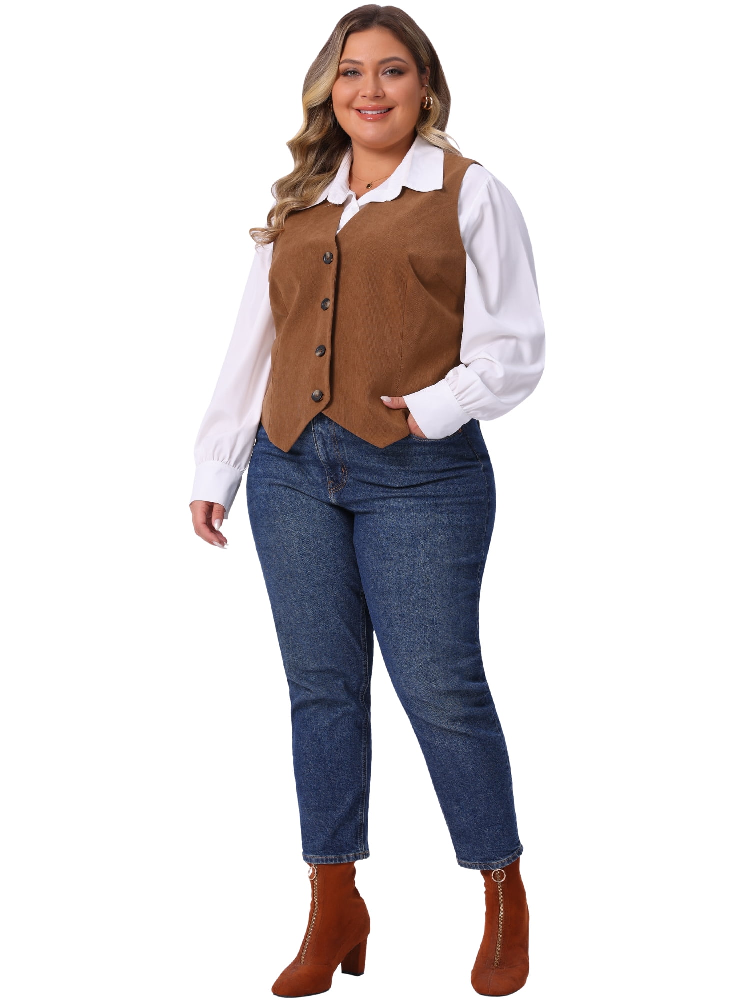 DARING DIVA Women's Plus Corduroy Lined V Neck Sleeveless Jacket 4X Brown