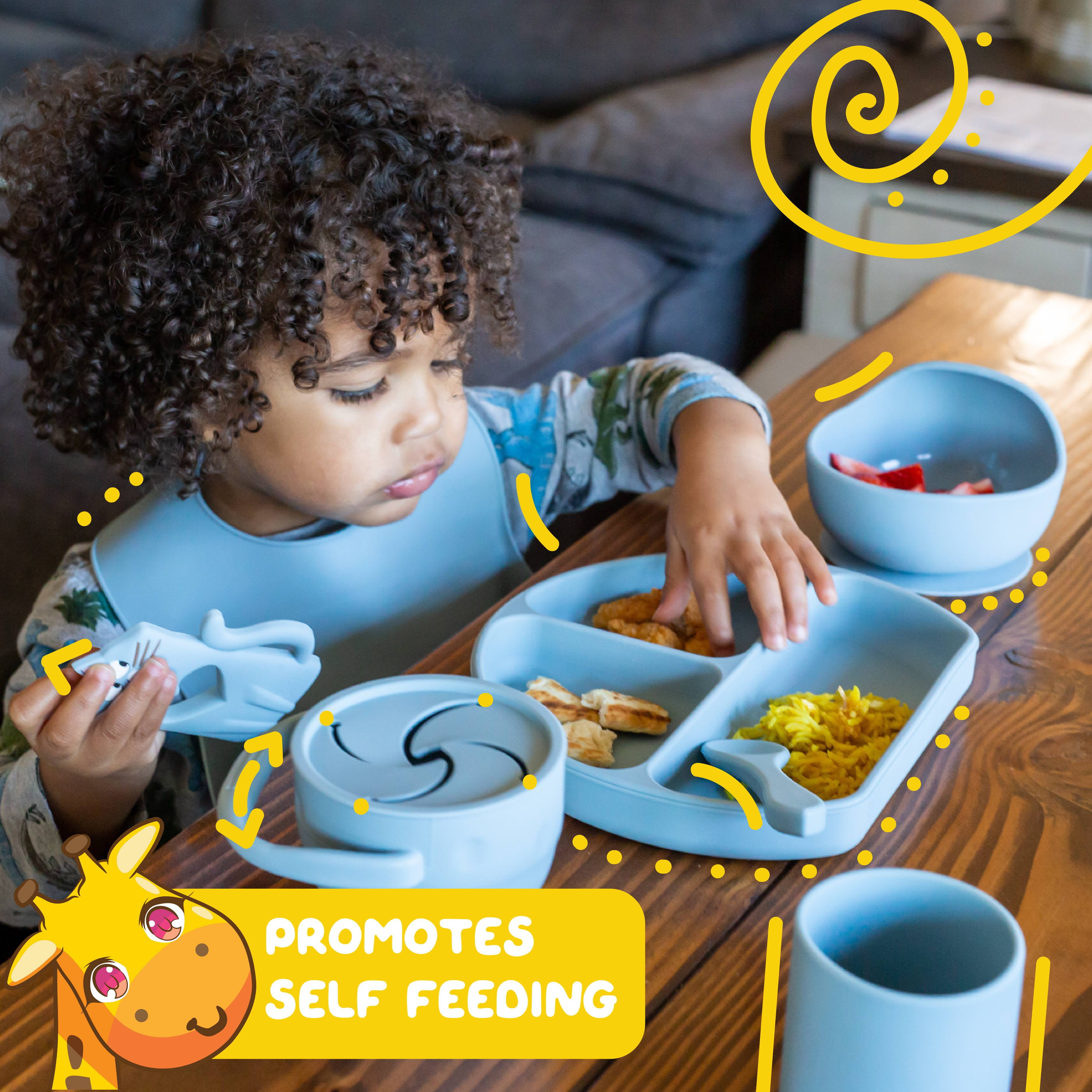 Muqee Peeko Carolina Blue Silicone Baby and Toddler Self-Eating food Plates Set with Utensils (8 Piece Set)