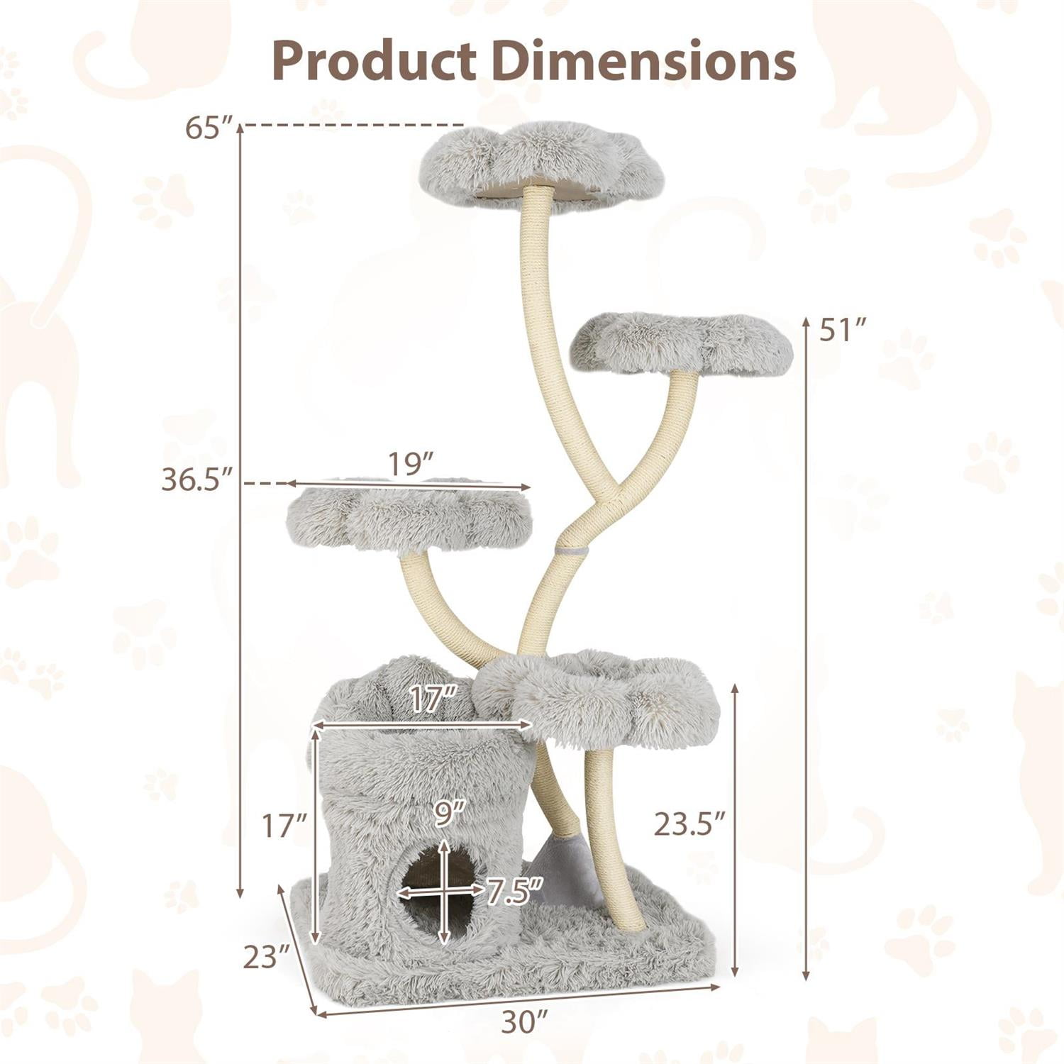 Pefilos Freestanding Cat Tower, 4 Flower-shaped Platforms, Sisal Scratching Posts, Gray