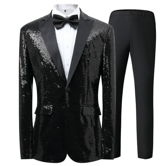 Dpytoraw Men's Sequined Jacket Pants Suit Tuxedo Party Dance Wedding Sequined Tuxedo One Button Jacket Set