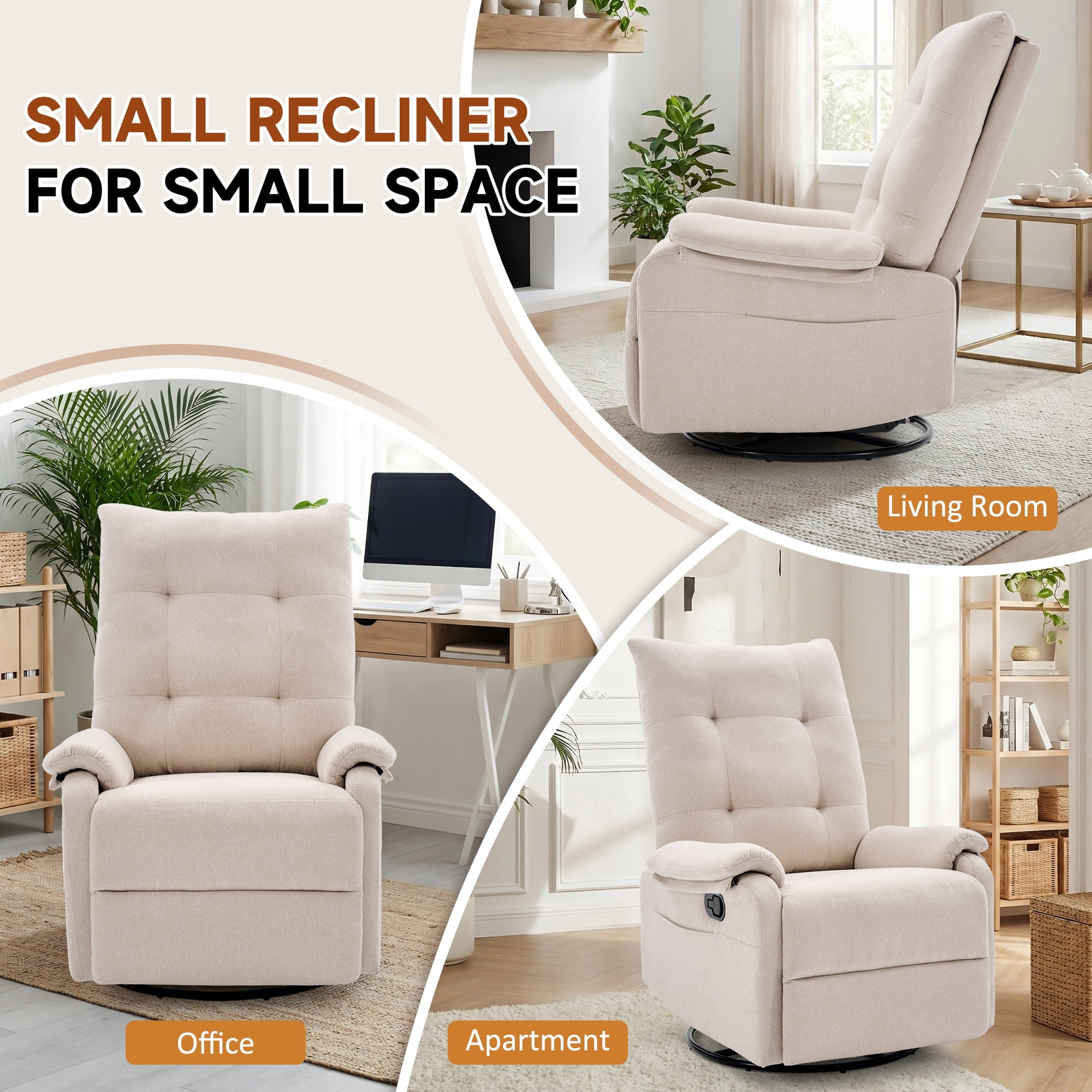 GEEYOO 360°Swivel Rocker Recliner Chair for Adults with Side Pockets,Small Recliner Chair for Small Spaces,Modern Swivel Glider Recliner for Living Room,Linen,Beige