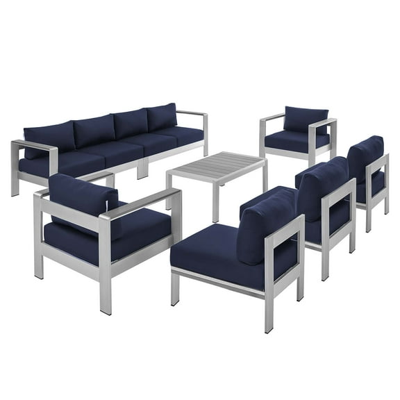Lounge Sectional Sofa Chair Table Set, Sunbrella, Fabric, Aluminum, Metal, Silver Blue Navy, Modern Contemporary Urban Design, Outdoor Patio Balcony Cafe Bistro Garden Furniture Hotel Hospitality