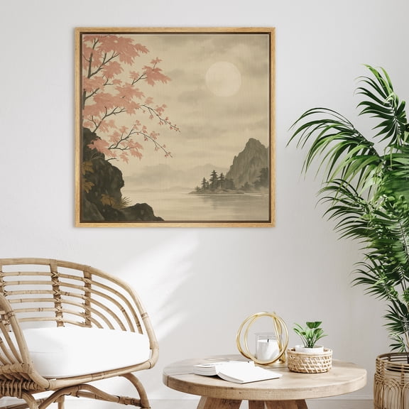 Framed Canvas Print Japanes Style Landscape Wall Art Japandi Decorative for Living Room Bedroom - 16"x16" NATURAL