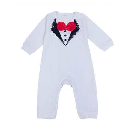 

CenturyX Baby Boy Gentleman Shirt Bowtie Romper Tuxedo Newborn Jumpsuit Overall Black Suit Clothes White 6-12 Months