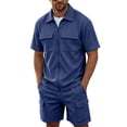 thumbnail image 2 of Kalauyu Mens Short Sleeve Zip Up Cargo 2 Piece Outfits Sets Casual Turn Down Collared Shirt Multi Pocket Cargo Shorts Sets, 2 of 6