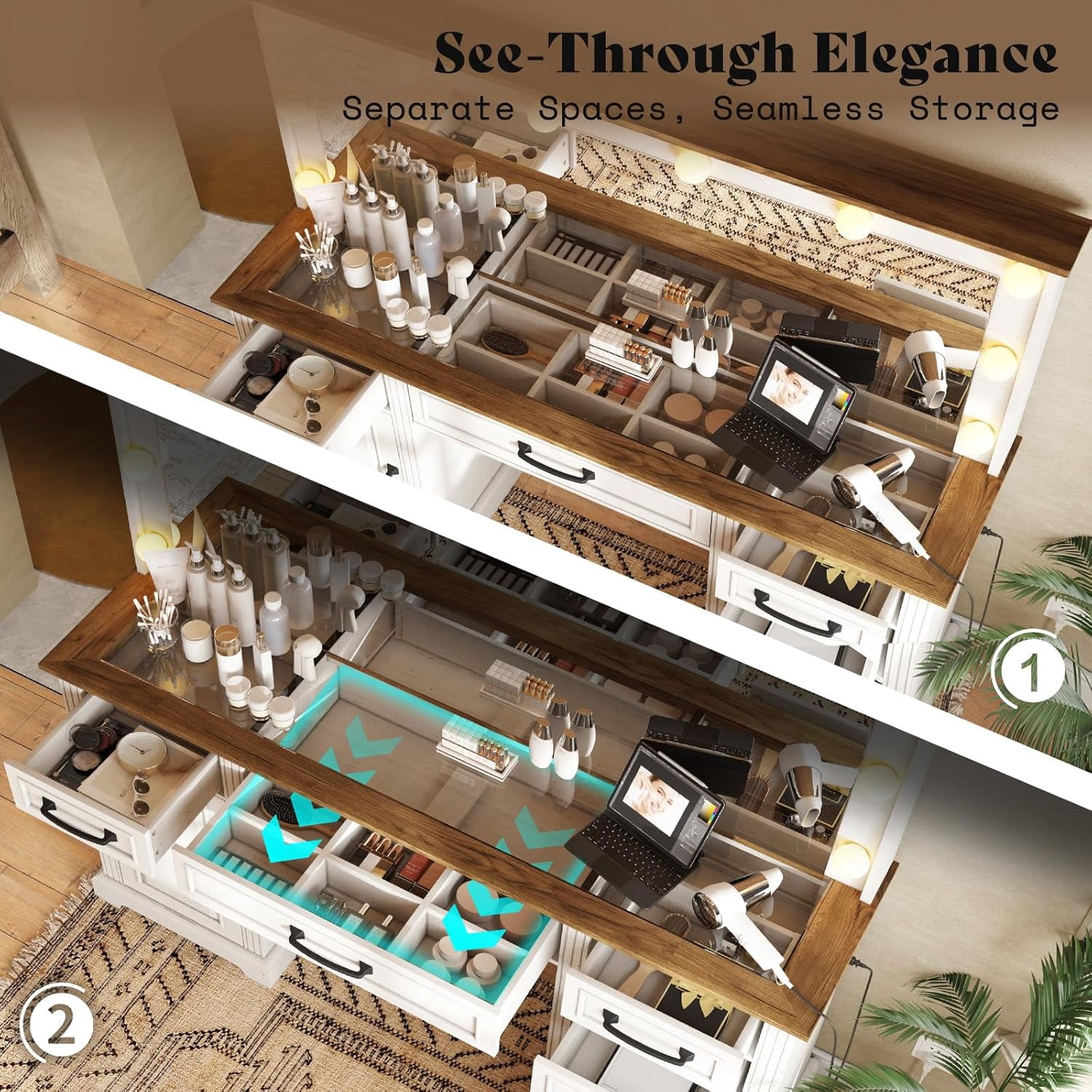 Merluxy Makeup Vanity with Mirror & Lights,Glass Top Vanity with 6 Drawers & Charging Station,White