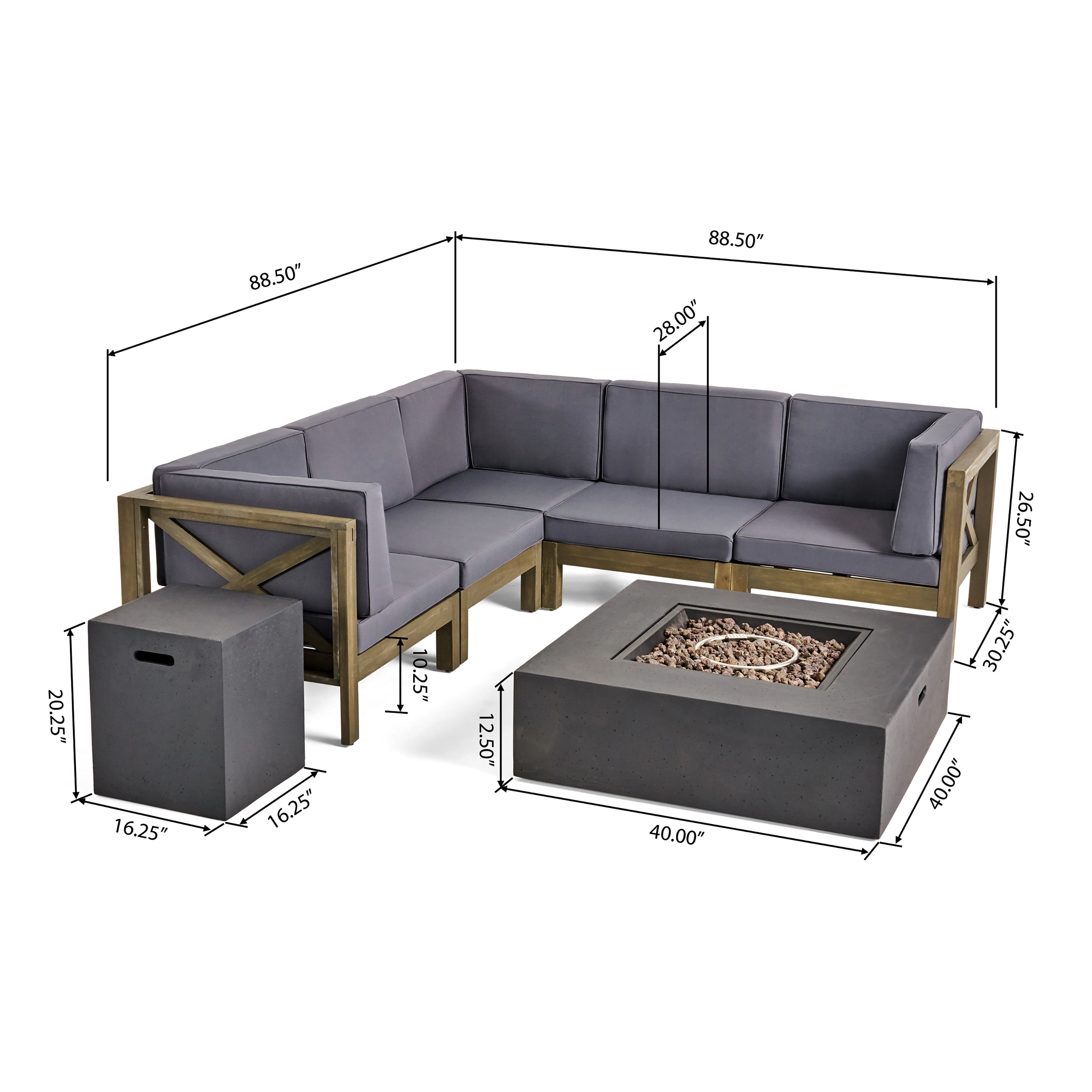 Elisha Outdoor 7 Piece Acacia Wood Sectional Sofa Set with Cushions and Fire Pit, Gray, Dark Gray, Dark Gray