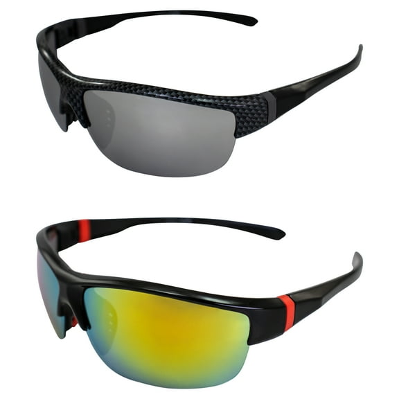 AlterImage Guardian Wraparound Sports & Motorcycle Retro Sunglasses for Men or Women 2 Pair Semi-Rimless Gray & Black Frames w/Flash Mirror & G-Tech Red Lenses