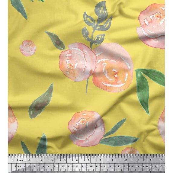 Soimoi Yellow Silk Fabric Leaves & Peach Floral Watercolor Printed Craft Fabric by The Yard 42 Inch Wide