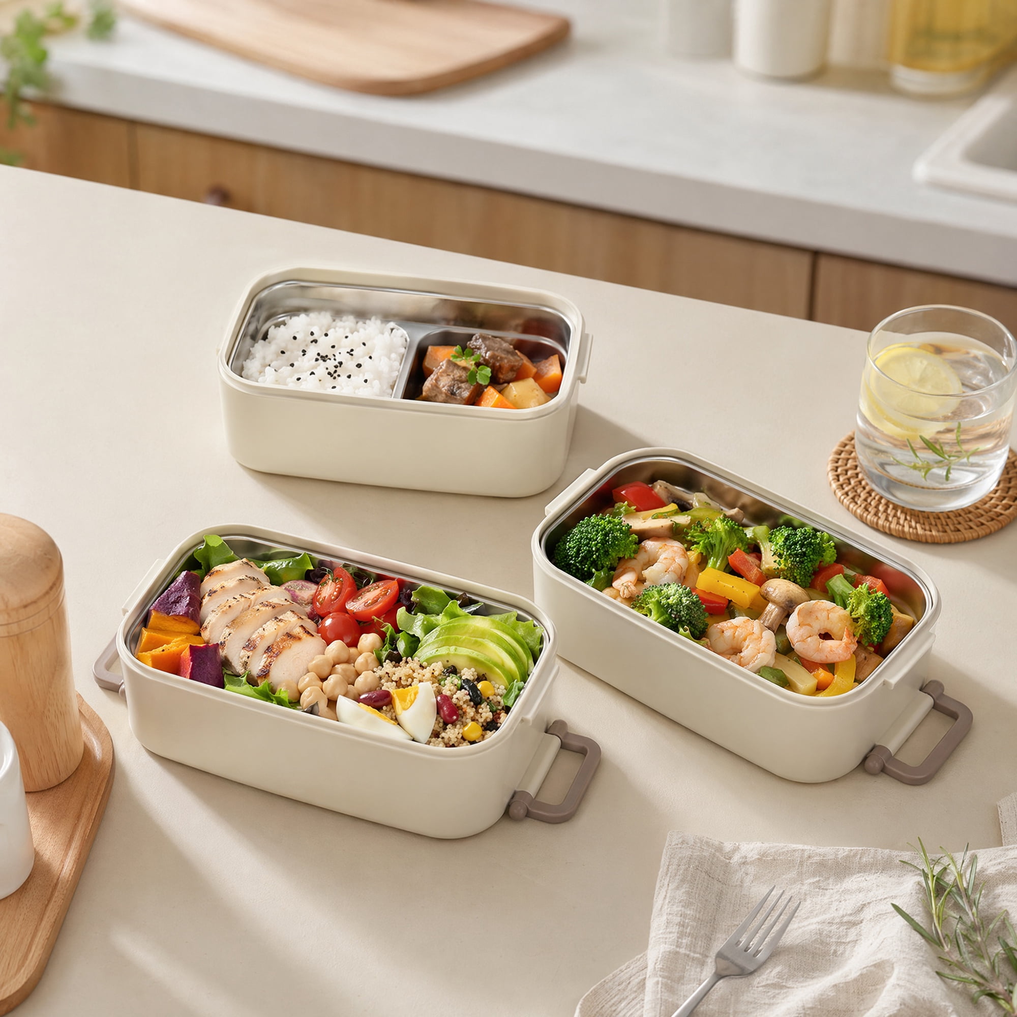 Unique Bargains 316 Stainless Steel Leak-Proof Meal Prep Bento Box Beige-3 Layer