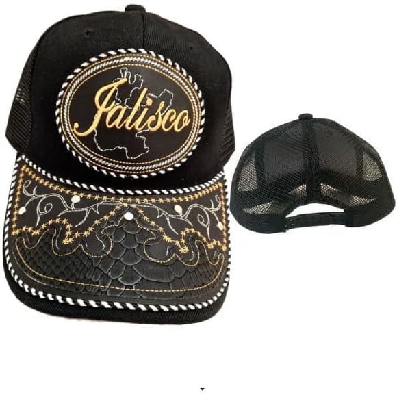 Gorra de Jalisco Hat, Ajustable Unisex, Estilo Charro, Poliéster/acrílico, Diseño de Piel de Serpiente Bordado en Negro