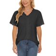 thumbnail image 2 of Tops de manga corta para mujer, cuello en V, encaje, patchwork, color puro, blusa, blusas para casual, casa, compras, fecha, trabajo, fiesta, negro, M, 2 of 5