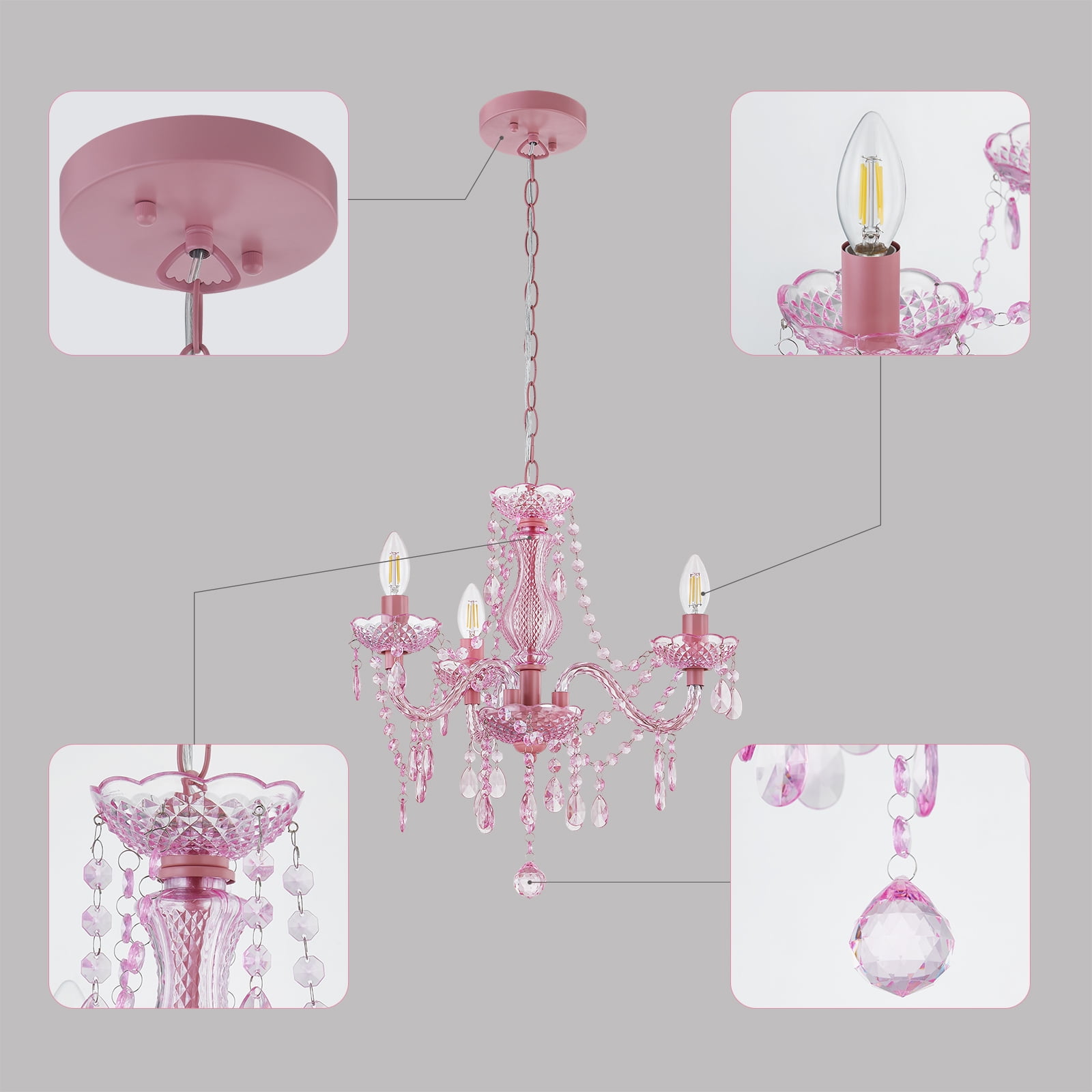 NATYSEAN Crystal Chandelier, 3-Light Modern K9 Crystal Chandelier for Dining Room, Pendant Ceiling Lighting Fixture for Bedroom, Living Room, Dining Room, Entryway, Pink