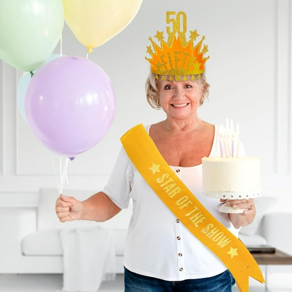 Cheerland 50th Birthday Sash and Crown Gold Glitter Headband, 1 Count