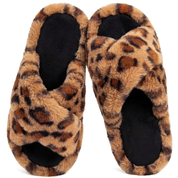 Home Top Women's Open Toe Slippers Fluffy Cross Band House Shoes with Anti Skid Sole for Outdoor Amber Cheetah,7-8 US